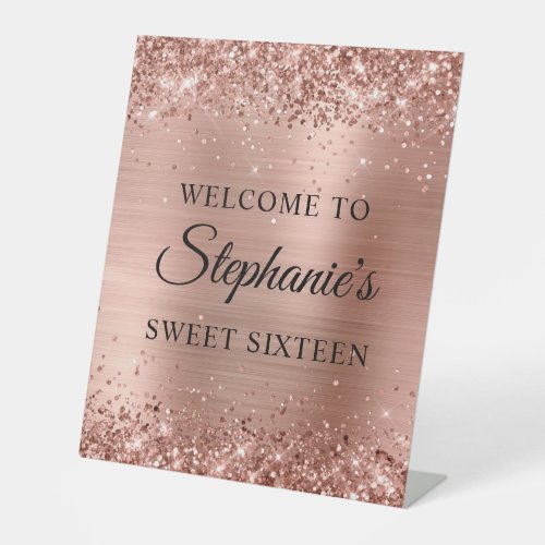 Glittery Rose Gold Foil Sweet Sixteen Pedestal Sign