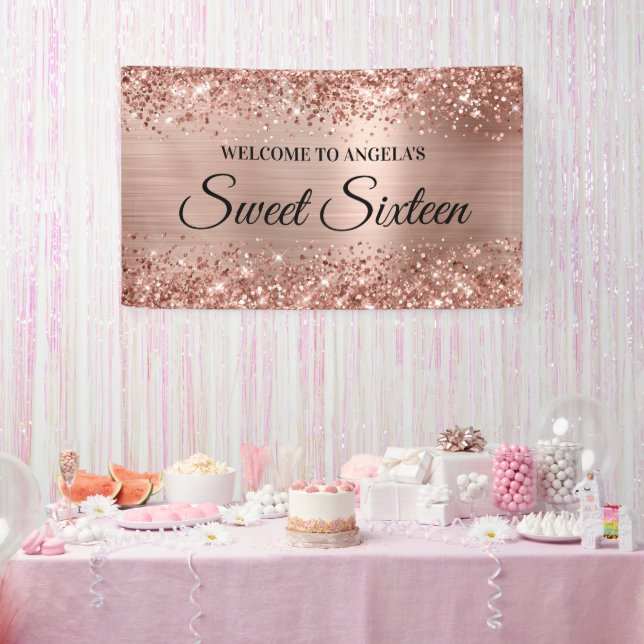 Glittery Rose Gold Foil Sweet Sixteen Welcome Banner (Party)