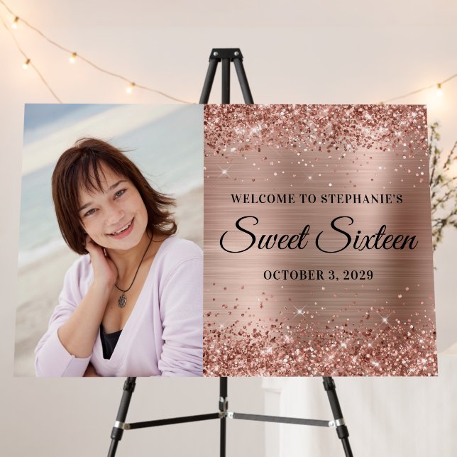 Glittery Rose Gold Foil Sweet Sixteen Welcome Big Foam Board (In Situ (Stand))