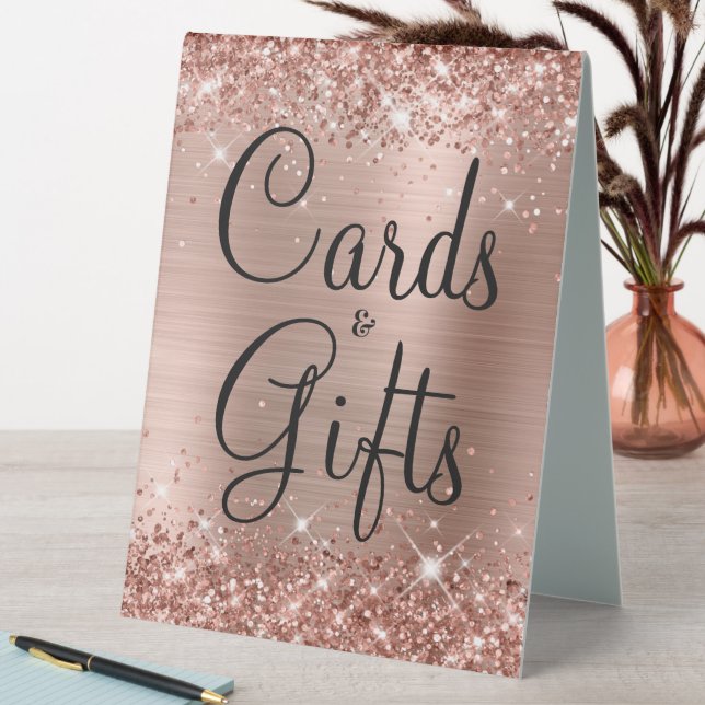 Glittery Rose Gold Foil Wedding Cards & Gifts Table Tent (In SItu (Table))