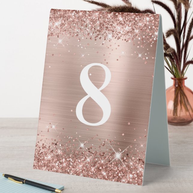 Glittery Rose Gold Foil Wedding Number Table Tent (In SItu (Table))