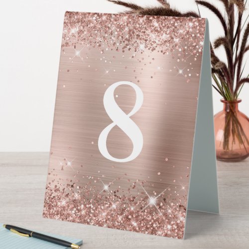 Glittery Rose Gold Foil Wedding Number Table Tent Sign