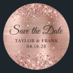 Glittery Rose Gold Foil Wedding Save the Date Classic Round Sticker<br><div class="desc">Create your own wedding save the date stickers. Girly faux sparkly rose gold glitter on the top and bottom edge, over a faux pink blush rose gold brushed metal style ombre foil. Customize the font styles to create your own envelope seals design for your special wedding celebration. A classic elegant...</div>