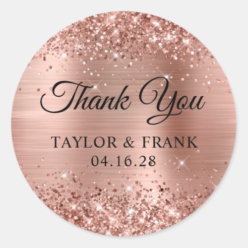 Glittery Rose Gold Foil Wedding Thank You Classic Round Sticker