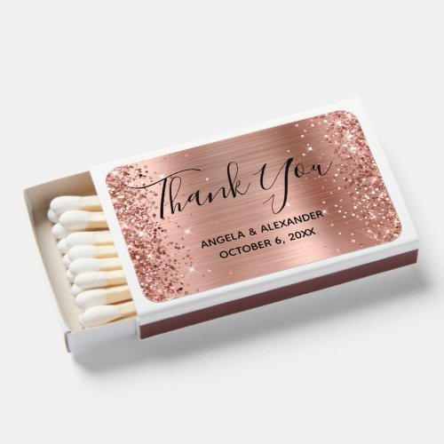 Glittery Rose Gold Foil Wedding Thank You Matchboxes