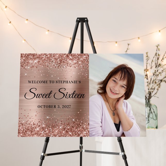 Glittery Rose Gold Foil Welcome Sweet Sixteen Foam Board (In Situ (Stand))
