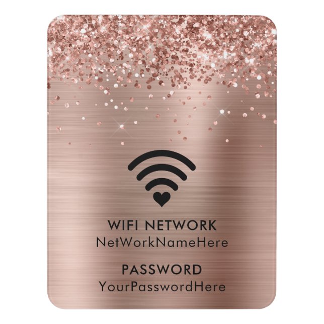 Glittery Rose Gold Foil WiFi Network and Password Door Sign (Contemporary Vert)