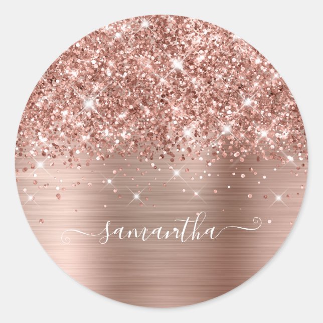 Glittery Rose Gold Girly Signature Calligraphy Classic Round Sticker (Front)