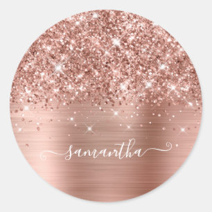 Glittery Rose Gold Girly Signature Calligraphy Classic Round Sticker