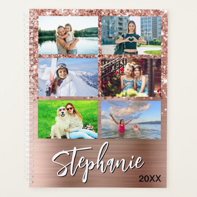Glittery Rose Gold Glam 14 Photo Collage Planner (Front)