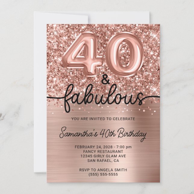 Glittery Rose Gold Glam 40 and Fabulous Invitation (Front)