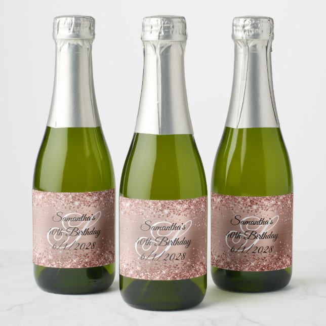 Glittery Rose Gold Glam 40th Birthday Monogram Sparkling Wine Label (Bottles)