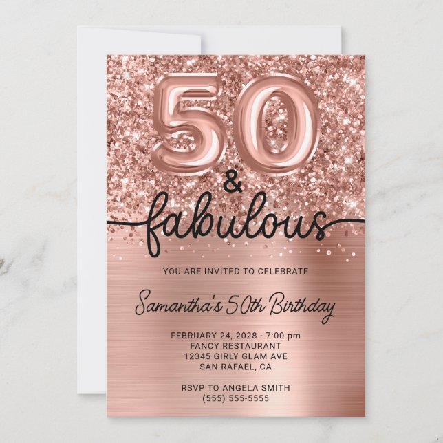 Glittery Rose Gold Glam 50 and Fabulous Invitation (Front)