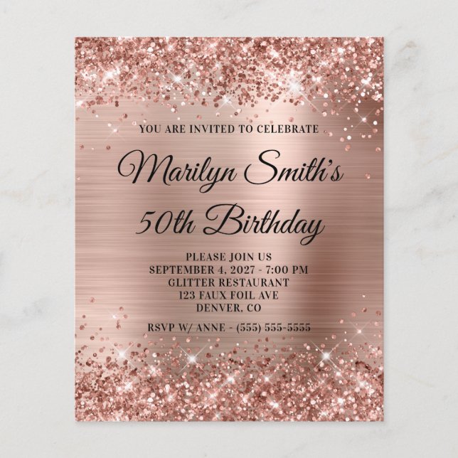 Glittery Rose Gold Glam 50th Birthday Invite (Front)