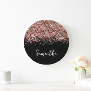 Glittery Rose Gold Glam Black and White Name Large Clock