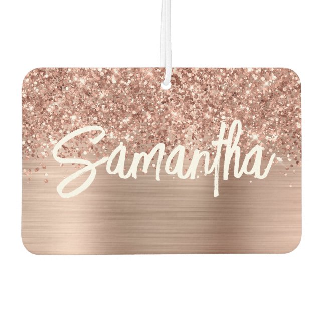 Glittery Rose Gold Glam Brush Script Name Air Freshener (Front)
