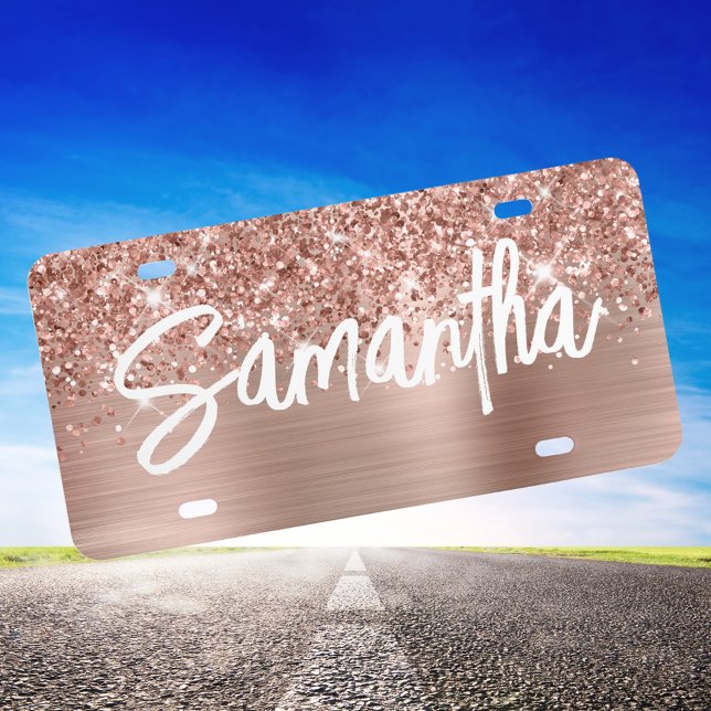 Glittery Rose Gold Glam Brush Script Name License Plate (Rose Gold Decorative License Plate)