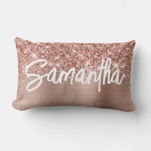 Glittery Rose Gold Glam Brush Script Name Lumbar Pillow