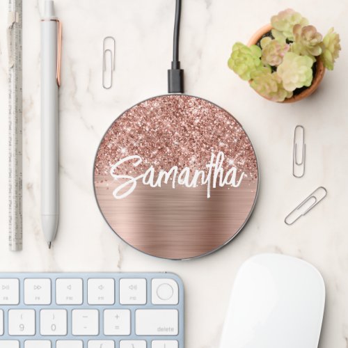 Glittery Rose Gold Glam Brush Script Name Wireless Charger