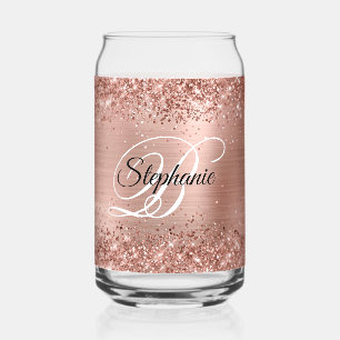 Glittery Rose Gold Glam Fancy Monogram Can Glass