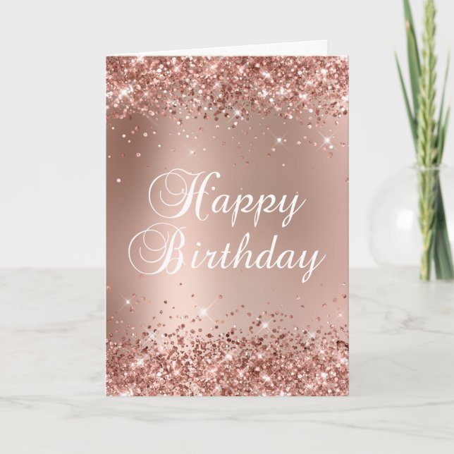 Glittery Rose Gold Glam Gradient Happy Birthday Card (Front)