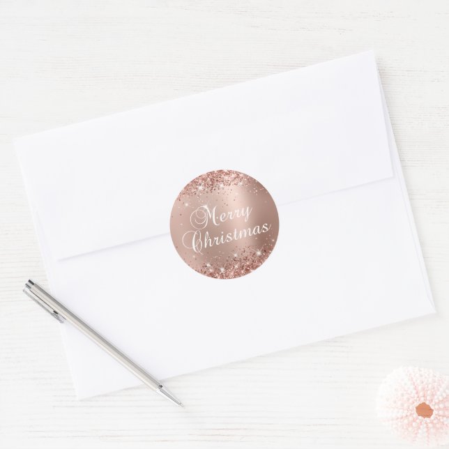 Glittery Rose Gold Glam Gradient Merry Christmas Classic Round Sticker (Envelope)