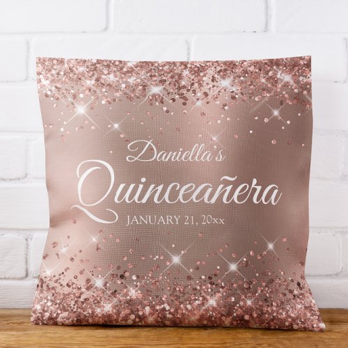 Glittery Rose Gold Glam Gradient Quinceaera 15 Throw Pillow