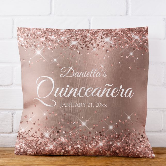 Glittery Rose Gold Glam Gradient Quinceañera 15 Throw Pillow (Glittery Rose Gold Glam Gradient Quinceañera 15 Throw Pillow)
