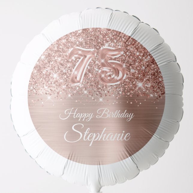 Glittery Rose Gold Glam Happy 75th Birthday Balloon (Front)