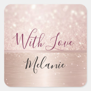 Glittery Rose Gold Glam metallic Name Square Sticker