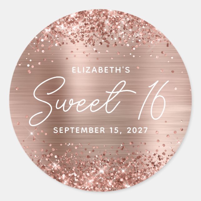 Glittery Rose Gold Glam Modern Script Sweet 16 Classic Round Sticker (Front)