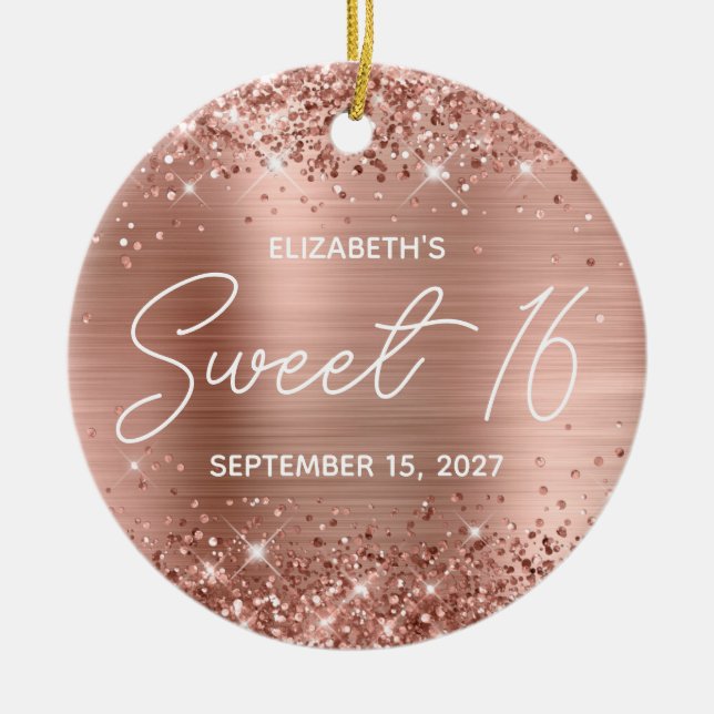 Glittery Rose Gold Glam Modern Sweet 16 Photo Ceramic Ornament (Front)