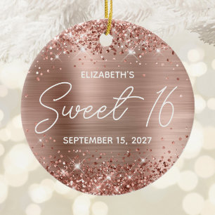 Glittery Rose Gold Glam Modern Sweet 16 Photo Ceramic Ornament