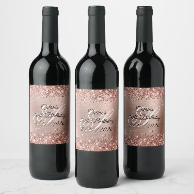 Glittery Rose Gold Glam Monogram 70th Birthday Wine Label (Bottles)