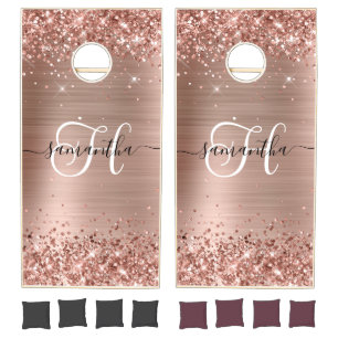Glittery Rose Gold Glam Monogram Cornhole Set