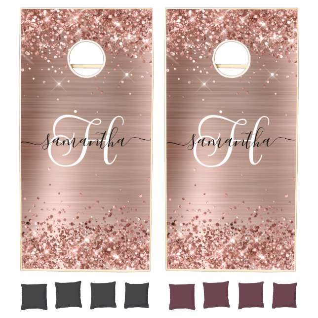 Glittery Rose Gold Glam Monogram Cornhole Set (Set)