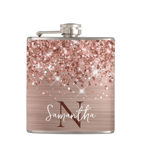 Glittery Rose Gold Glam Monogrammed Flask