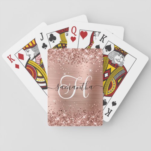Glittery Rose Gold Glam Monogrammed Poker Cards