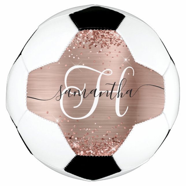 Glittery Rose Gold Glam Monogrammed Soccer Ball (Front)