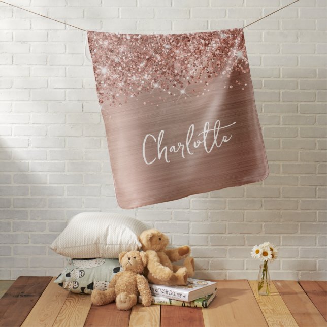 Glittery Rose Gold Glam Name Baby Blanket (In Situ)