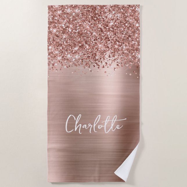 Glittery Rose Gold Glam Name Beach Towel (Front)