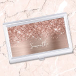 Glittery Rose Gold Glam Name Business Card Case<br><div class="desc">Customize the modern handwritten style script to create your own business card case. Add a monogram initial to create a first name initial combination. Girly faux blush pink and rose gold glitter and brushed metal foil digital art (it will print like a photo on your modern case). Girl boss stocking...</div>
