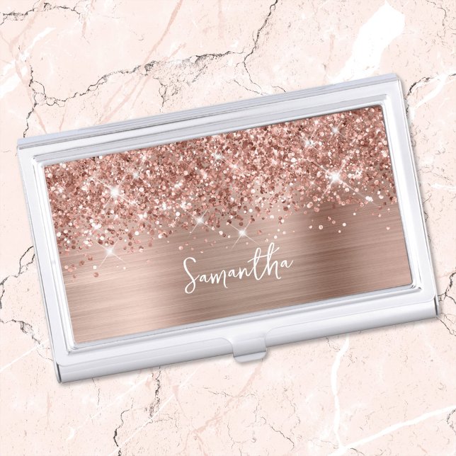 Glittery Rose Gold Glam Name Business Card Case (Create Your Own Girly Business Card Case)