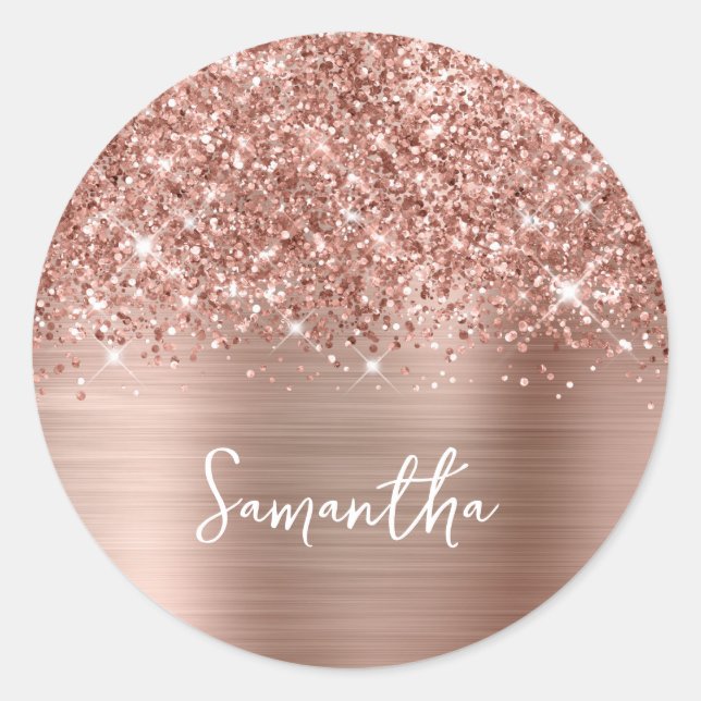 Glittery Rose Gold Glam Name Classic Round Sticker (Front)