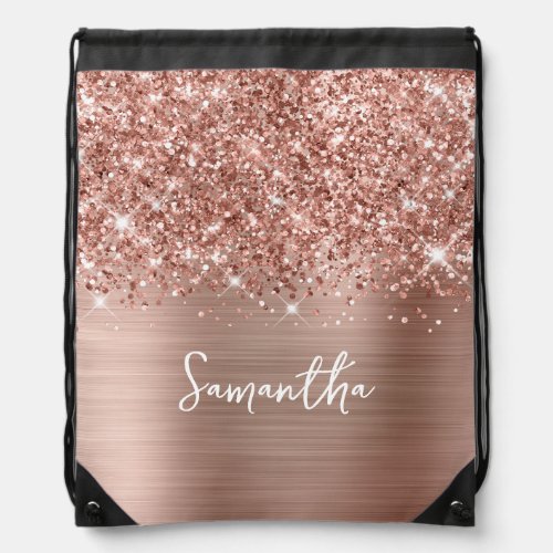 Glittery Rose Gold Glam Name Drawstring Bag