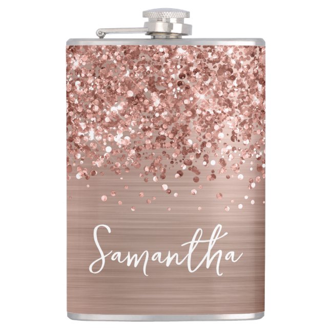 Glittery Rose Gold Glam Name Flask (Front)