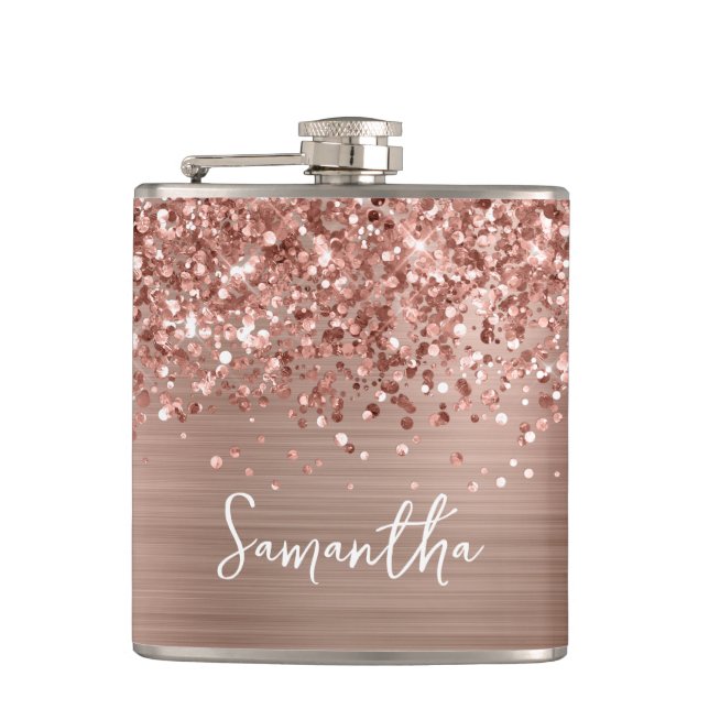 Glittery Rose Gold Glam Name Flask (Front)
