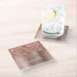Glittery Rose Gold Glam Name Glass Coaster<br><div class="desc">Customize the modern handwritten style script to create your own glass coasters. Add a monogram initial to create a first name initial combination. Girly faux blush pink and rose gold glitter and brushed metal foil digital art (it will print like a photo on your modern gift). Extra sparkle and glitter...</div>