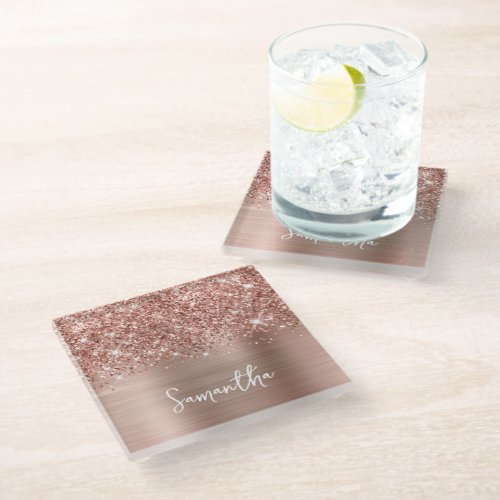 Glittery Rose Gold Glam Name Glass Coaster