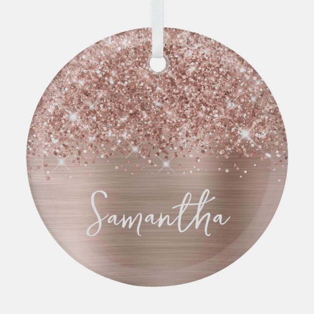 Glittery Rose Gold Glam Name Glass Ornament (Front)